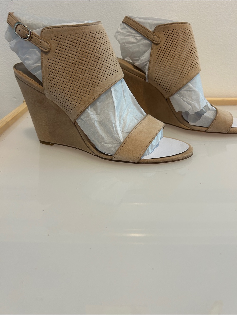 H by Halston Beige Perforated Suede Wedge Sandals - size 8.5 ***Never worn